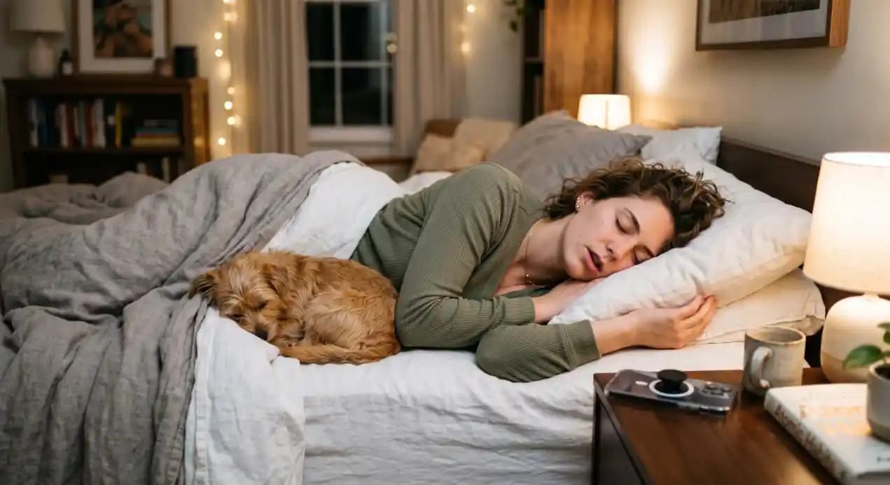 A woman sleeping peacefully at night with her dog