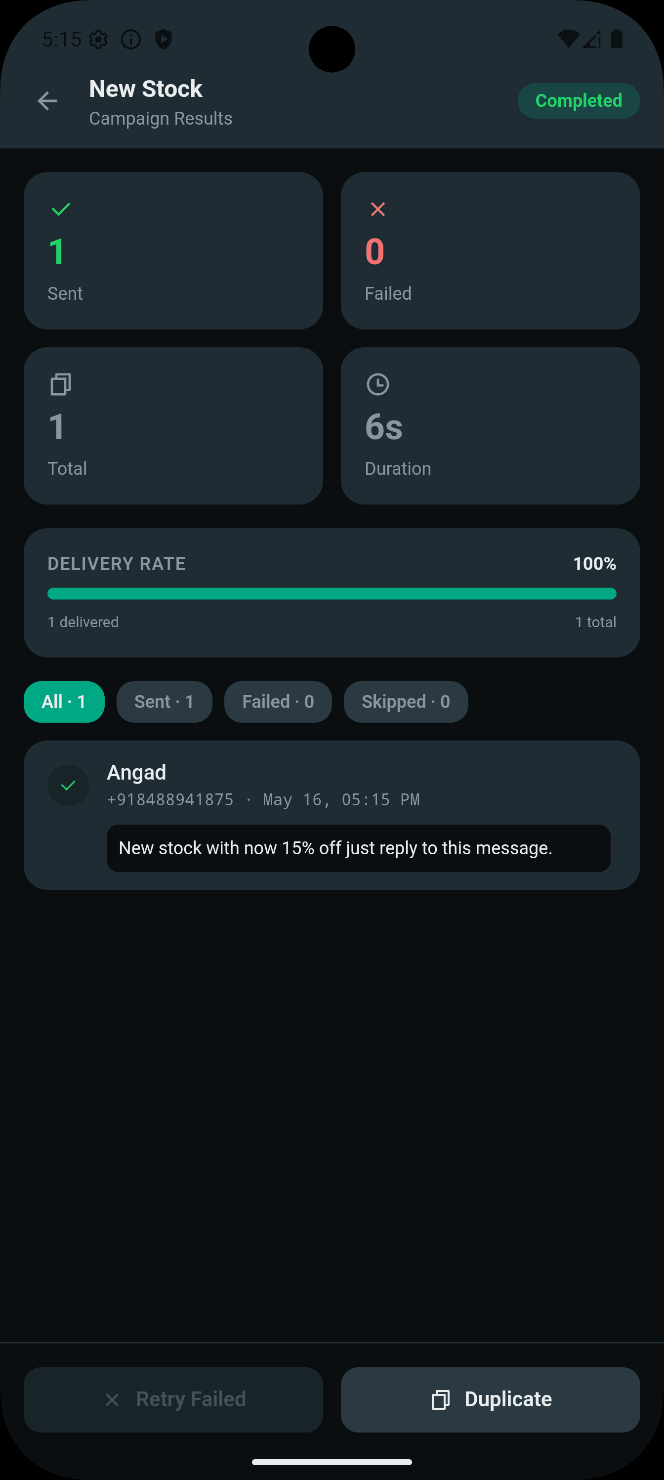 Campaign results screen showing 100% delivery rate for a bulk WhatsApp send