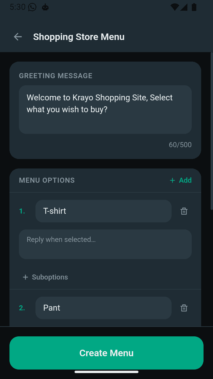 Menu Reply builder screen showing a shopping store menu with T-shirt and Pant options